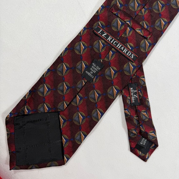 J Z RICHARDS Extra Long Necktie All Silk Handmade in USA Maroon Geometric 64"x4" - Picture 6 of 6